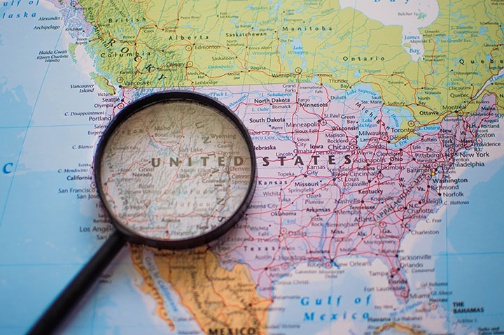 Map of United States with magnifying glass